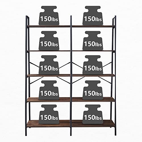 HOMBAZAAR Bookshelf, 5-Tier Industrial Bookshelf, Wide Double Ladder Bookcase Wood and Metal Bookshelves for Home Office Living Room,Brown