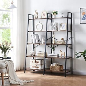 HOMBAZAAR Bookshelf, 5-Tier Industrial Bookshelf, Wide Double Ladder Bookcase Wood and Metal Bookshelves for Home Office Living Room,Brown