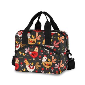rooster and chickens insulated lunch bag for women men reusable water-resistant lunch tote bag lunch box cooler bag for school work picnic