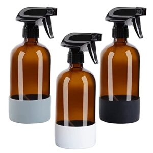 hombys glass spray bottles for cleaning solution with silicone sleeve resistant to falls and slip - 3 pack refillable 16 oz containers,misting plants (amber)