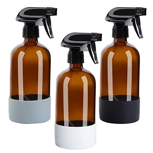 HOMBYS Glass Spray Bottles for Cleaning Solution with Silicone Sleeve Resistant to Falls and Slip - 3 Pack Refillable 16 oz Containers,Misting Plants (Amber)