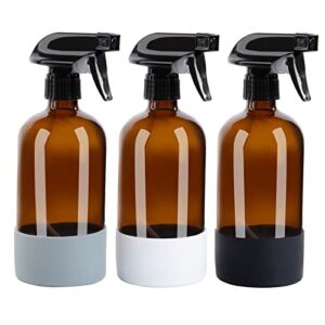 HOMBYS Glass Spray Bottles for Cleaning Solution with Silicone Sleeve Resistant to Falls and Slip - 3 Pack Refillable 16 oz Containers,Misting Plants (Amber)