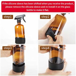 HOMBYS Glass Spray Bottles for Cleaning Solution with Silicone Sleeve Resistant to Falls and Slip - 3 Pack Refillable 16 oz Containers,Misting Plants (Amber)