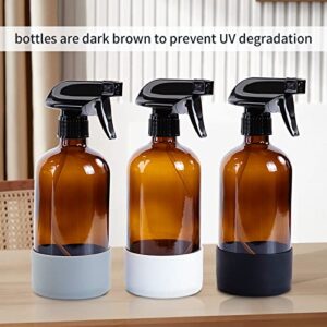 HOMBYS Glass Spray Bottles for Cleaning Solution with Silicone Sleeve Resistant to Falls and Slip - 3 Pack Refillable 16 oz Containers,Misting Plants (Amber)