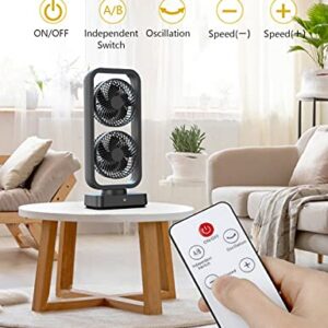 16 Inch Desk Fan, 5000mAh Battery Operated Fan ,Oscillation Tower Fan with Remote, Portable Rechargeable Table Fan with 2 Fan Heads, 270° Oscillation Personal Fan for Bedroom Office Camping Travel