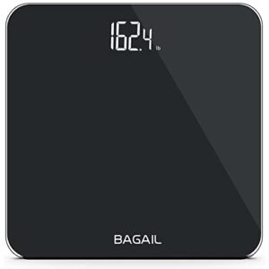 bagail basics bathroom scale, digital weighing scale with high precision sensors and tempered glass, ultra slim, step-on technology, shine-through display - 15yr guarantee black