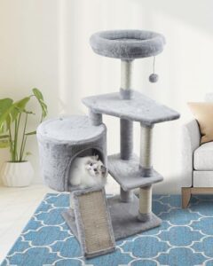 miao paw 11grey cute cat tree tower for indoor cats - condo with sisal scratching posts，jump platform cat furniture activity center play house bed
