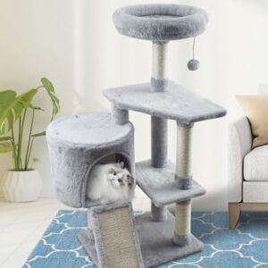 MIAO PAW 11Grey Cute Cat Tree Tower for Indoor Cats - Condo with Sisal Scratching Posts，Jump Platform Cat Furniture Activity Center Play House Bed