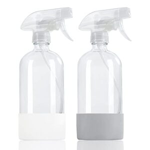 hombys empty clear glass spray bottles with silicone sleeve protection - refillable 17 oz containers for cleaning solutions, essential oils, misting plants - quality sprayer - 2 pack