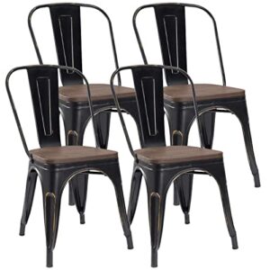 shahoo metal dining chairs classic iron stackable industrial vintage trattoria wooden seat and back, indoor-outdoor side settee for home bistro cafe kitchen restaurant set of 4, black and gold