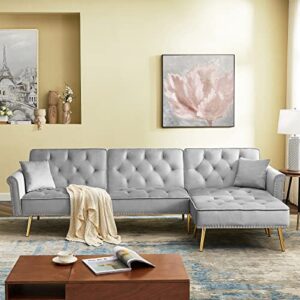 kevinplus convertible sofa bed, sleeper modern living room velvet sofa bed sectional couch for living room, velvet fabric (grey)