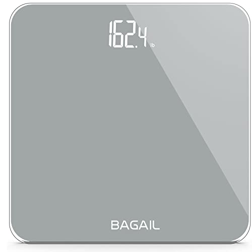 BAGAIL BASICS Bathroom Scale, Digital Weighing Scale with High Precision Sensors and Tempered Glass, Ultra Slim, Step-on Technology, Shine-Through Display - 15Yr Guarantee Grey