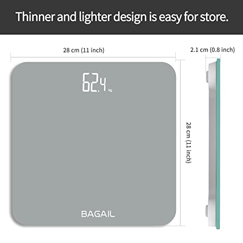 BAGAIL BASICS Bathroom Scale, Digital Weighing Scale with High Precision Sensors and Tempered Glass, Ultra Slim, Step-on Technology, Shine-Through Display - 15Yr Guarantee Grey