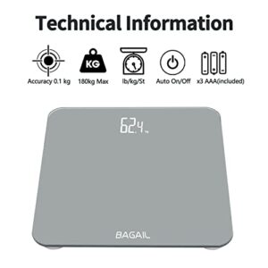 BAGAIL BASICS Bathroom Scale, Digital Weighing Scale with High Precision Sensors and Tempered Glass, Ultra Slim, Step-on Technology, Shine-Through Display - 15Yr Guarantee Grey