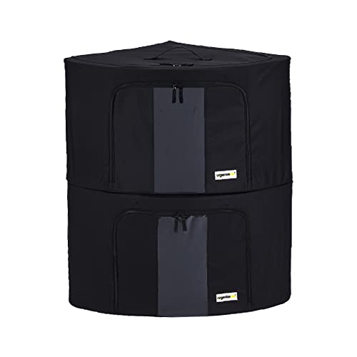 Foldable Clothes Storage Bag Organizer Corner Pop Up Bins Strong Handle Quality Fabric for Collapsible Closet Boxes 2 Pack (Large, Black)