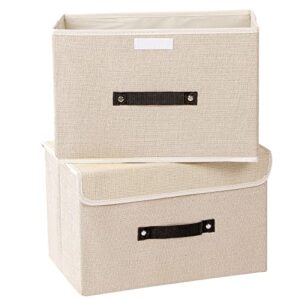 mee'life foldable storage boxes with lids 2 pack fabric storage bins with lids, closet organizers for clothes storage, room organization, office storage, toys - beige