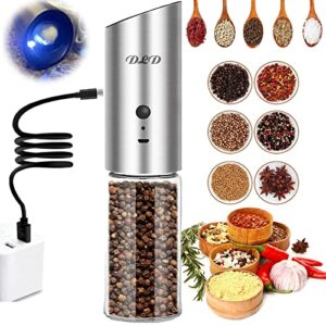 dld electric pepper grinder usb rechargeable, automatic pepper and salt mill grinder with led light, quick charging grinder, adjustable coarseness, one hand operation