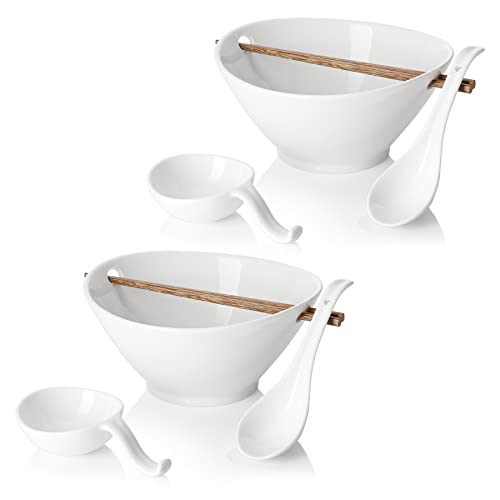 Sweese 148.201 Porcelain 35oz Ramen Bowl Set of 2 with Chopsticks & Spoons & Dipping Dishes, Large Bowls for Udon/Soba/Pho/Noodles/Ramen/Salad/Soup - White, Unique Design