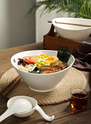 Sweese 148.201 Porcelain 35oz Ramen Bowl Set of 2 with Chopsticks & Spoons & Dipping Dishes, Large Bowls for Udon/Soba/Pho/Noodles/Ramen/Salad/Soup - White, Unique Design