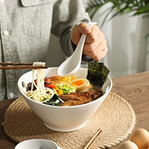 Sweese 148.201 Porcelain 35oz Ramen Bowl Set of 2 with Chopsticks & Spoons & Dipping Dishes, Large Bowls for Udon/Soba/Pho/Noodles/Ramen/Salad/Soup - White, Unique Design