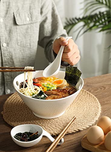 Sweese 148.201 Porcelain 35oz Ramen Bowl Set of 2 with Chopsticks & Spoons & Dipping Dishes, Large Bowls for Udon/Soba/Pho/Noodles/Ramen/Salad/Soup - White, Unique Design