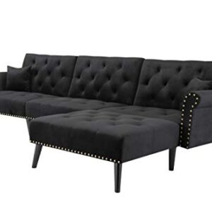 DERCASS Convertible Bed L-Shape Chaise Sectional Sleeper Button Tufted Sofa Velvet with Pillows Reversible Couch for Living Room (Black Sofa), W223S008SOFA