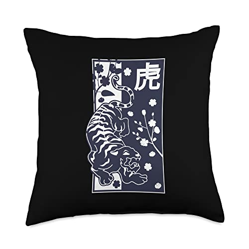 Japanese Zodiac White Tiger streetwear Cherry Blossom White Tiger Harajuku Japanese Aesthetic Throw Pillow, 18x18, Multicolor