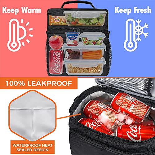 opux Insulated Lunch Bag for Men Women, Large Dual Compartment Cooler Bag, Soft Two Deck Lunch Box for Work School Picnic, Leakproof Lunch Tote with Shoulder Strap for Kid Adult (Black, Double Deck)