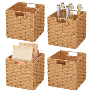 mdesign woven farmhouse kitchen cubby food storage organizer bin, cube container organization for pantry cabinets, cupboards, shelves, countertop, store potatoes, onions, fruit, 4 pack, camel brown