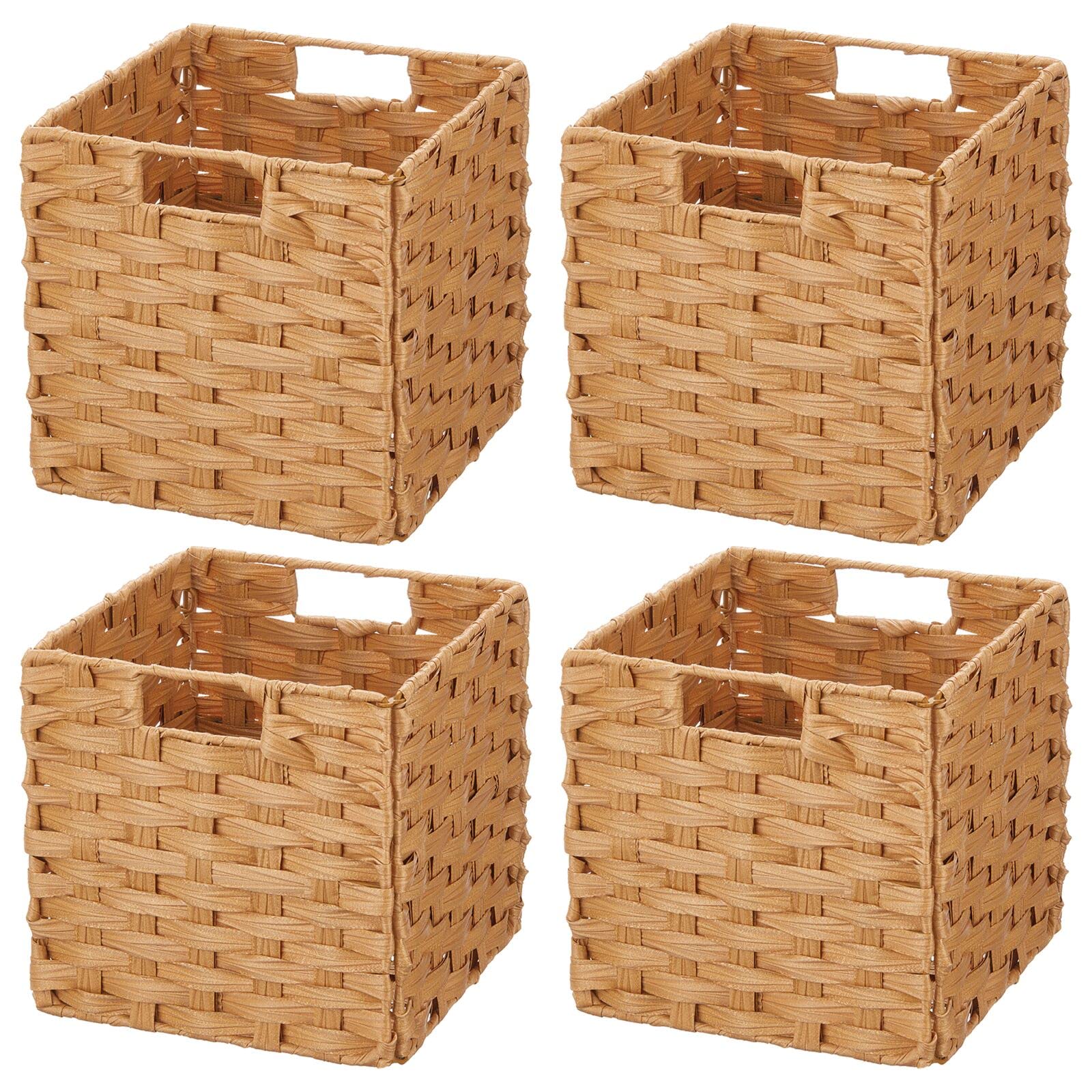 mDesign Woven Farmhouse Kitchen Cubby Food Storage Organizer Bin, Cube Container Organization for Pantry Cabinets, Cupboards, Shelves, Countertop, Store Potatoes, Onions, Fruit, 4 Pack, Camel Brown