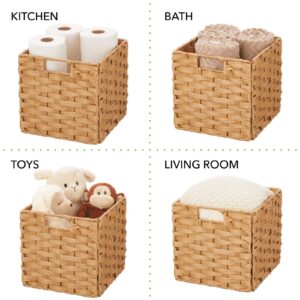 mDesign Woven Farmhouse Kitchen Cubby Food Storage Organizer Bin, Cube Container Organization for Pantry Cabinets, Cupboards, Shelves, Countertop, Store Potatoes, Onions, Fruit, 4 Pack, Camel Brown