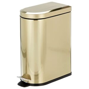 mdesign small 2.6 gallon stainless steel metal step trash can garbage bin for bathroom, bedroom, home office - d-shape trashcan with foot pedal/lid, removable liner bucket with handles, soft brass