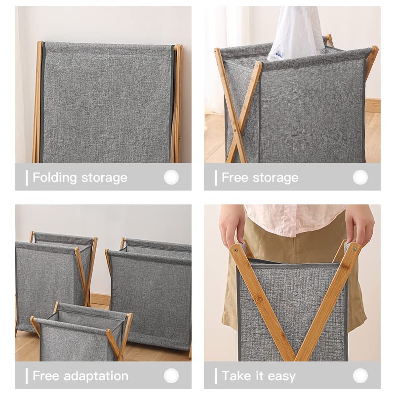 AISEKE Bamboo Laundry Hamper Dirty Clothes Hamper, Portable Folding Clothes Basket Storage with Removable Cotton Liner Fabric Bag - Lightweight for Easy Transportation, Grey