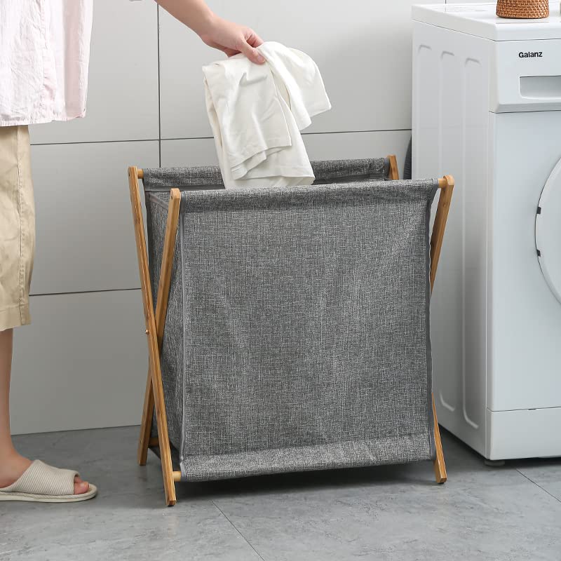 AISEKE Bamboo Laundry Hamper Dirty Clothes Hamper, Portable Folding Clothes Basket Storage with Removable Cotton Liner Fabric Bag - Lightweight for Easy Transportation, Grey