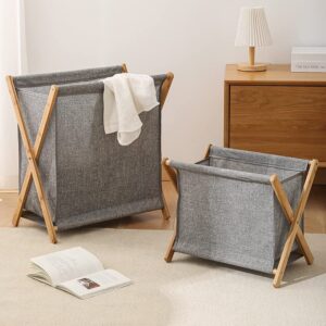 AISEKE Bamboo Laundry Hamper Dirty Clothes Hamper, Portable Folding Clothes Basket Storage with Removable Cotton Liner Fabric Bag - Lightweight for Easy Transportation, Grey