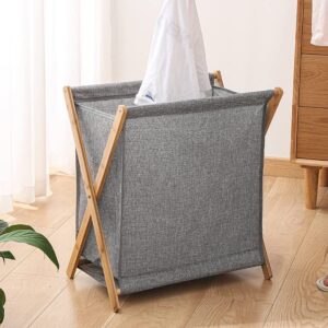 AISEKE Bamboo Laundry Hamper Dirty Clothes Hamper, Portable Folding Clothes Basket Storage with Removable Cotton Liner Fabric Bag - Lightweight for Easy Transportation, Grey