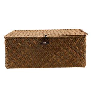 FOMIYES Seagrass Storage Baskets with Lid：Natural Wicker Baskets Woven Rectangular Basket Bins for Household Organizer Boxes Shelf Wardrobe Organizer- Size L