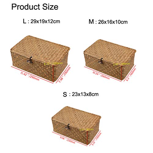 FOMIYES Seagrass Storage Baskets with Lid：Natural Wicker Baskets Woven Rectangular Basket Bins for Household Organizer Boxes Shelf Wardrobe Organizer- Size L