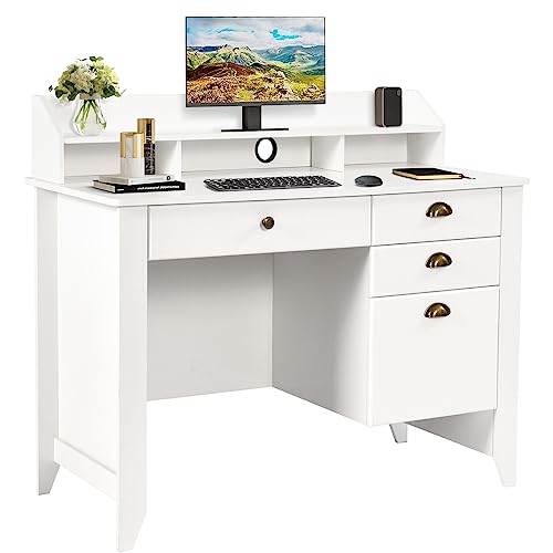 White Desk with Drawers and Hutch, White Desk Wooden Executive Desks with Storage Shelf, Writing Desk with File Drawer, Home Office Desk, for Small Space, White