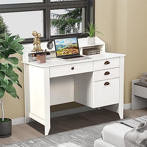 White Desk with Drawers and Hutch, White Desk Wooden Executive Desks with Storage Shelf, Writing Desk with File Drawer, Home Office Desk, for Small Space, White