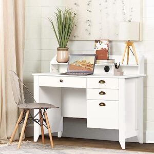 White Desk with Drawers and Hutch, White Desk Wooden Executive Desks with Storage Shelf, Writing Desk with File Drawer, Home Office Desk, for Small Space, White