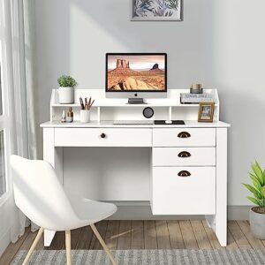 White Desk with Drawers and Hutch, White Desk Wooden Executive Desks with Storage Shelf, Writing Desk with File Drawer, Home Office Desk, for Small Space, White