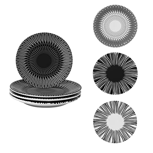 YUYHQCBT 6 Inch Set of 4 Assorted Designs, Porcelain Plates With Patterns,Black Ceramic Dessert Plates, Dishware for Sandwiches Salad Pasta,Microwave Oven Dishwasher Safe