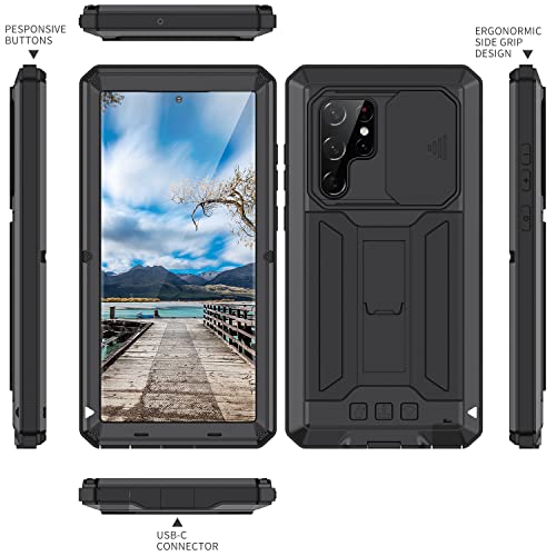 Lunivop Metal Bumper Silicone Compatible with Samsung Galaxy s22 Ultra 5G 6.8 inch Case Cameras Protection Heavy Duty Protection Doom Cover Shockproof with Built in Screen Protector Holder (Black)