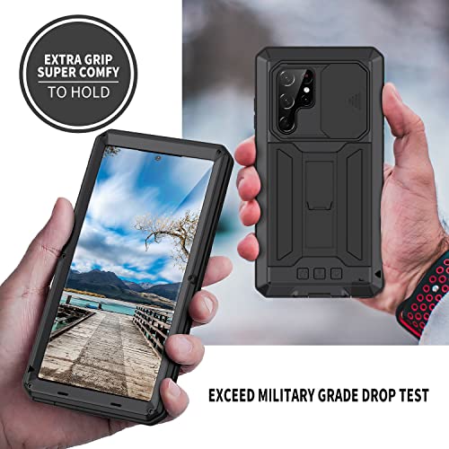 Lunivop Metal Bumper Silicone Compatible with Samsung Galaxy s22 Ultra 5G 6.8 inch Case Cameras Protection Heavy Duty Protection Doom Cover Shockproof with Built in Screen Protector Holder (Black)