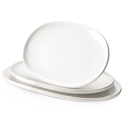 DOWAN Large Serving Platter, 16"/14"/12" Turkey Platters for Entertaining Thanksgivng Party, White Oval Plates Set of 3, Porcelain Serving Dishes for Serving Food, Housewarming Gifts