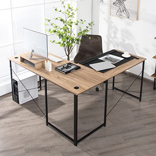 Tangkula L-Shaped Computer Desk, 95 Inch Reversible Corner Desk with Monitor Stand & 3 Cable Holes, 2-Person Long Study Writing Desk, Large Home Office Gaming Writing Workstation (Natural)