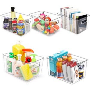 Clear Plastic Storage Bins – Kitchen Organization Pantry Storage – Fridge Organizer, Cabinet Organizers and Storage Bins with Handles for Counter-tops, Refrigerator, Bedrooms, Bathrooms (Bins-5PCs)