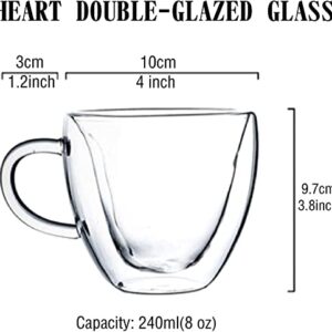 Egsyh Heat Resistant Creative Double Layer Heart Cup Cup Clear Glass With Handle Milk Cup Ttea And Coffee Mugs for Lovers Coffee Afternoon Tea，Unique & Insulated with Handle (240ml/8oz)