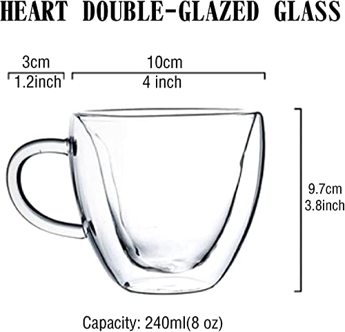 Egsyh Heat Resistant Creative Double Layer Heart Cup Cup Clear Glass With Handle Milk Cup Ttea And Coffee Mugs for Lovers Coffee Afternoon Tea，Unique & Insulated with Handle (240ml/8oz)